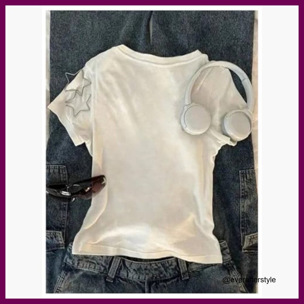 Polyester Elastane Graphic Tee Heart Print Crop T… - image 2